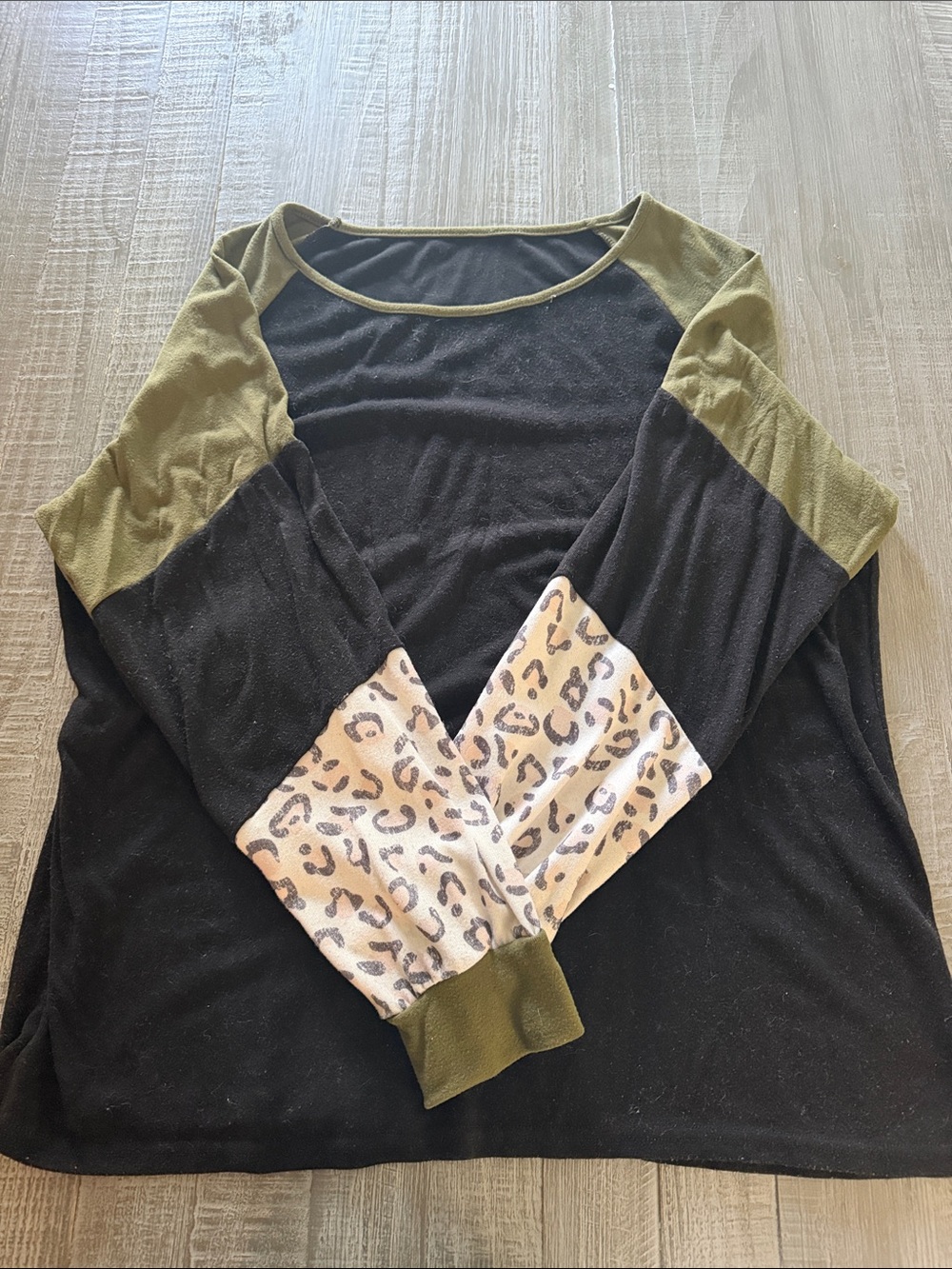 Black Raglan Top with Olive Shoulders and Leopard Sleeve Panels